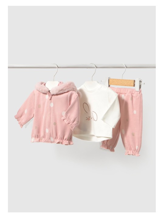 MAYORAL NEWBORN RÓŻÓWY DRES NIEMOWLĘCY 3 - CZĘŚCIOWY W GROSZKI Z KRÓŁLIKIEM 2756/20