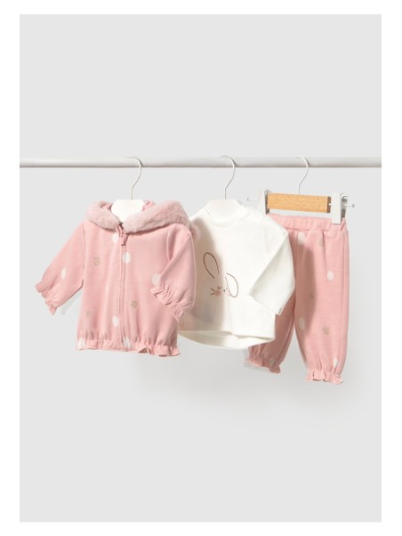 MAYORAL NEWBORN RÓŻÓWY DRES NIEMOWLĘCY 3 - CZĘŚCIOWY W GROSZKI Z KRÓŁLIKIEM 2756/20