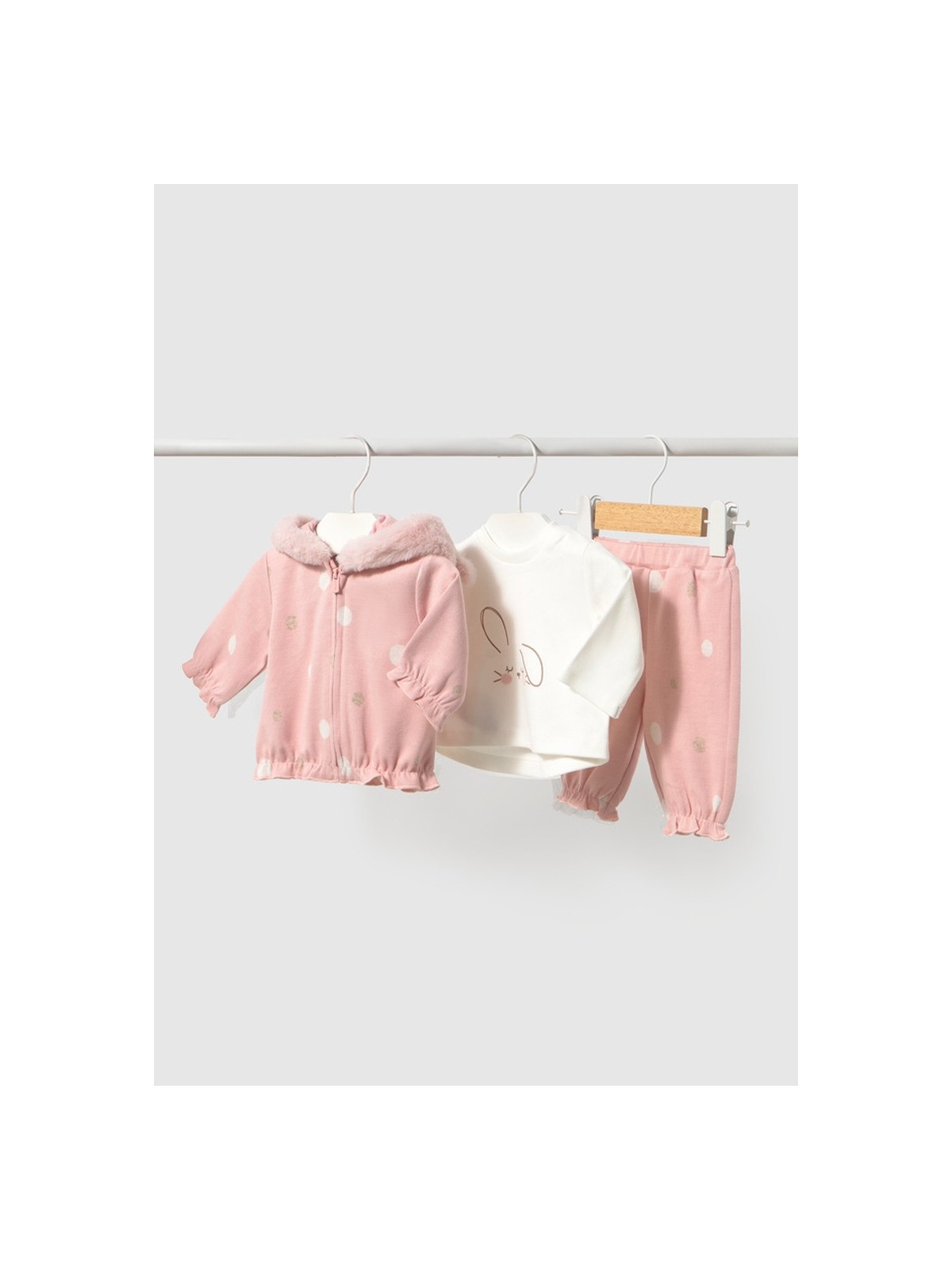 MAYORAL NEWBORN RÓŻÓWY DRES NIEMOWLĘCY 3 - CZĘŚCIOWY W GROSZKI Z KRÓŁLIKIEM 2756/20