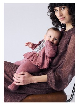 MAYORAL NEWBORN ELEGANCKI DZIANINOWY KOMPLET NIEMOWLĘCY  SWETEREK AŻUROWY  SPODNIE Z SZELKAMI I BLUZKA W KWIATY 2516/35