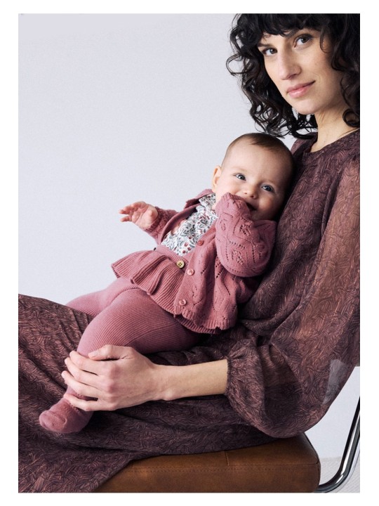 MAYORAL NEWBORN ELEGANCKI DZIANINOWY KOMPLET NIEMOWLĘCY  SWETEREK AŻUROWY  SPODNIE Z SZELKAMI I BLUZKA W KWIATY 2516/35