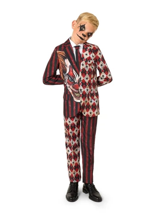 OPPOSUITS SUITMEISTER KOLOROWY GARNITUR DLA CHŁOPCA WE WZÓR HALLOWEEN  KLAUN MARYNARKA , SPODNIE PLUS KRAWAT OBBO-1026