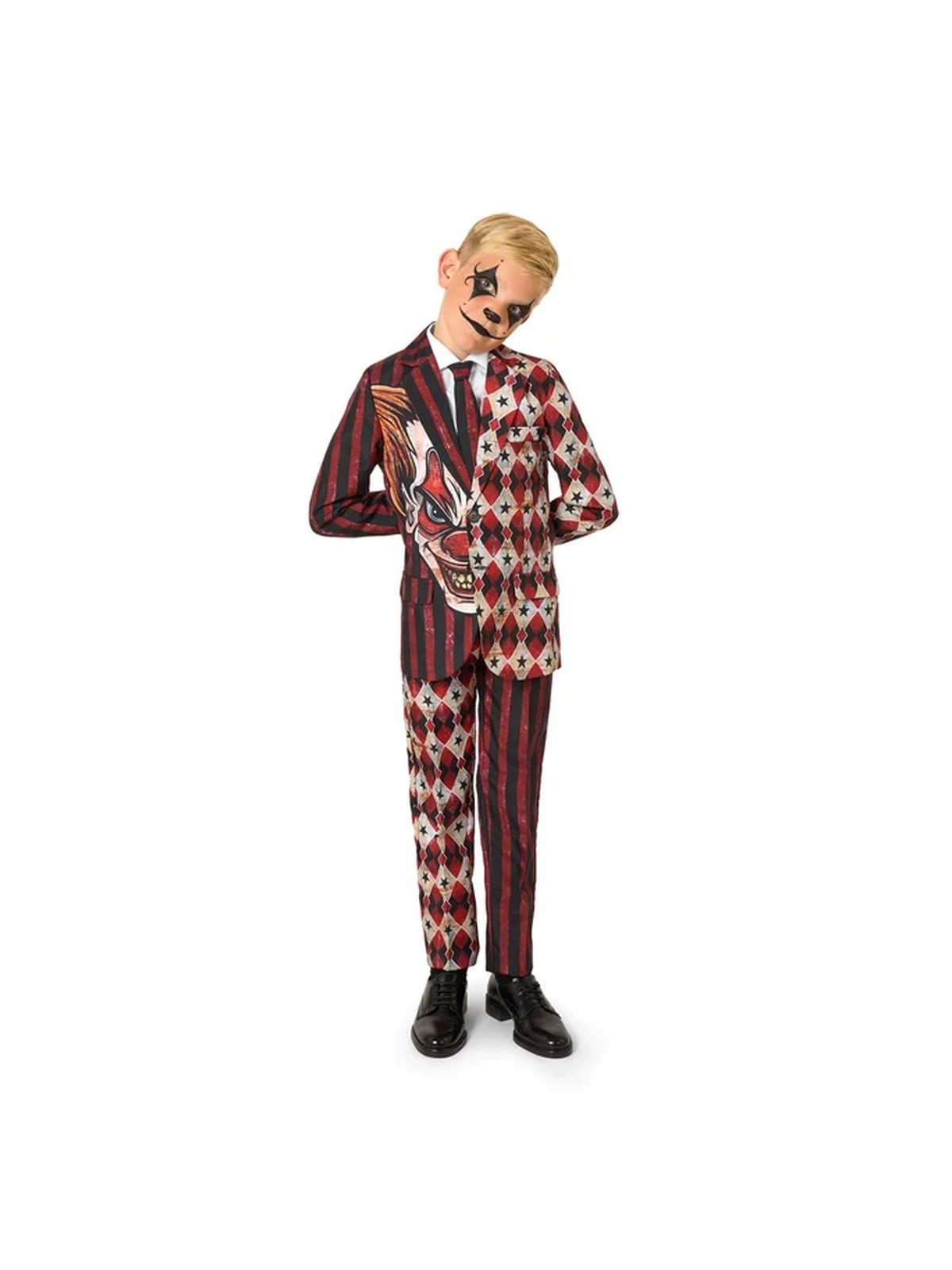 OPPOSUITS SUITMEISTER KOLOROWY GARNITUR DLA CHŁOPCA WE WZÓR HALLOWEEN  KLAUN MARYNARKA , SPODNIE PLUS KRAWAT OBBO-1026