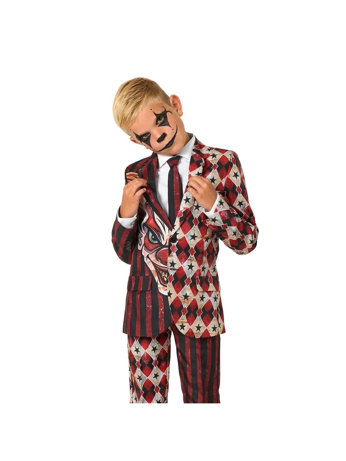 OPPOSUITS SUITMEISTER KOLOROWY GARNITUR DLA CHŁOPCA WE WZÓR HALLOWEEN  KLAUN MARYNARKA , SPODNIE PLUS KRAWAT OBBO-1026