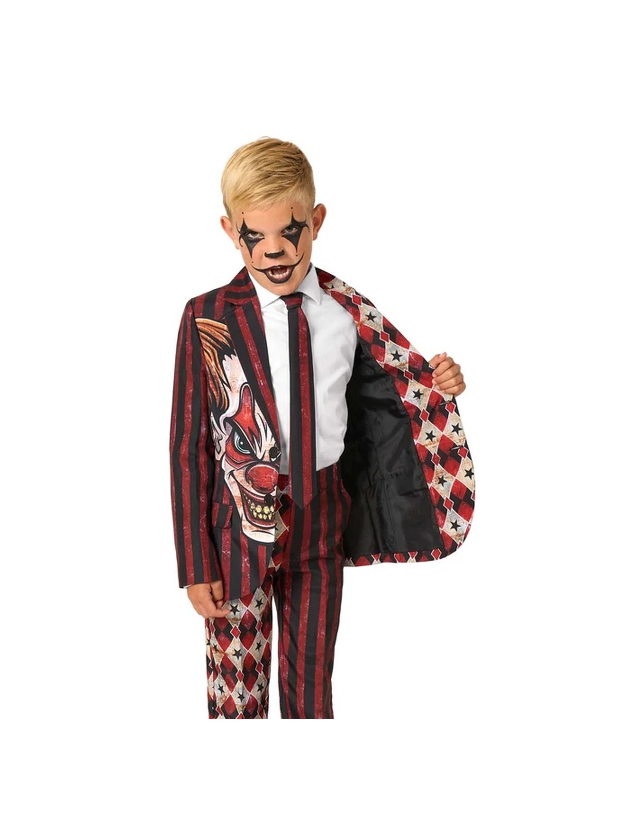 OPPOSUITS SUITMEISTER KOLOROWY GARNITUR DLA CHŁOPCA WE WZÓR HALLOWEEN  KLAUN MARYNARKA , SPODNIE PLUS KRAWAT OBBO-1026