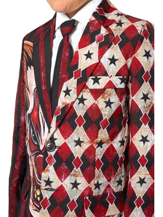 OPPOSUITS SUITMEISTER KOLOROWY GARNITUR DLA CHŁOPCA WE WZÓR HALLOWEEN  KLAUN MARYNARKA , SPODNIE PLUS KRAWAT OBBO-1026