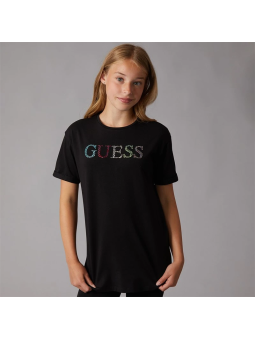 DZIEWCZĘCY  T-SHIRT GUESS  Z TĘCZOWYM LOGO Z KRYSTAŁKÓW - CZARNY J6GI33J1314-JLK