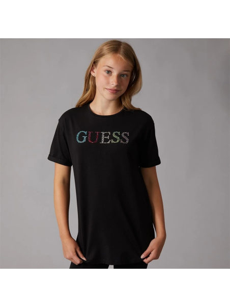 DZIEWCZĘCY  T-SHIRT GUESS  Z TĘCZOWYM LOGO Z KRYSTAŁKÓW - CZARNY J6GI33J1314-JLK