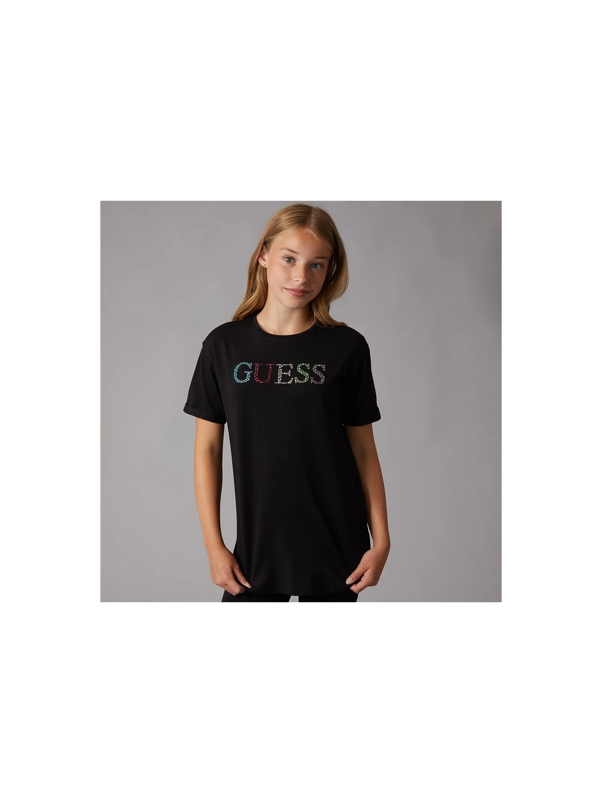 DZIEWCZĘCY  T-SHIRT GUESS  Z TĘCZOWYM LOGO Z KRYSTAŁKÓW - CZARNY J6GI33J1314-JLK