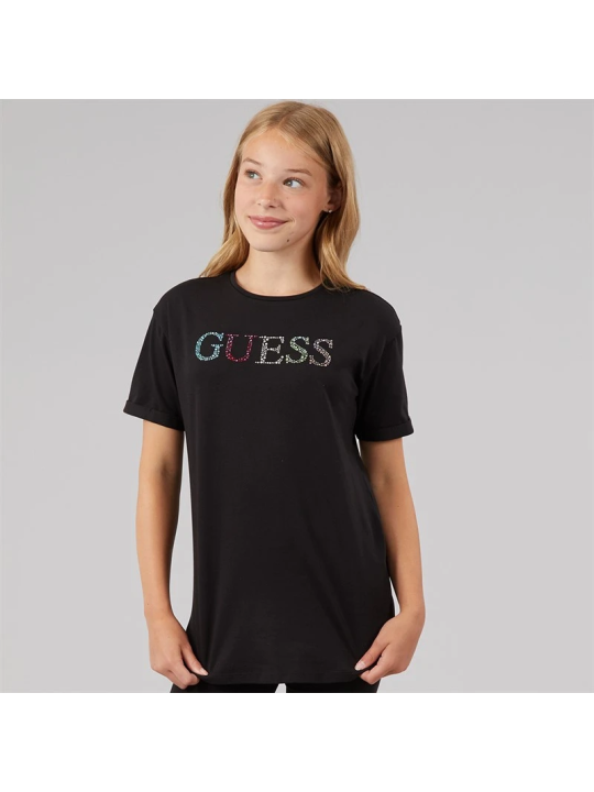DZIEWCZĘCY  T-SHIRT GUESS  Z TĘCZOWYM LOGO Z KRYSTAŁKÓW - CZARNY J6GI33J1314-JLK