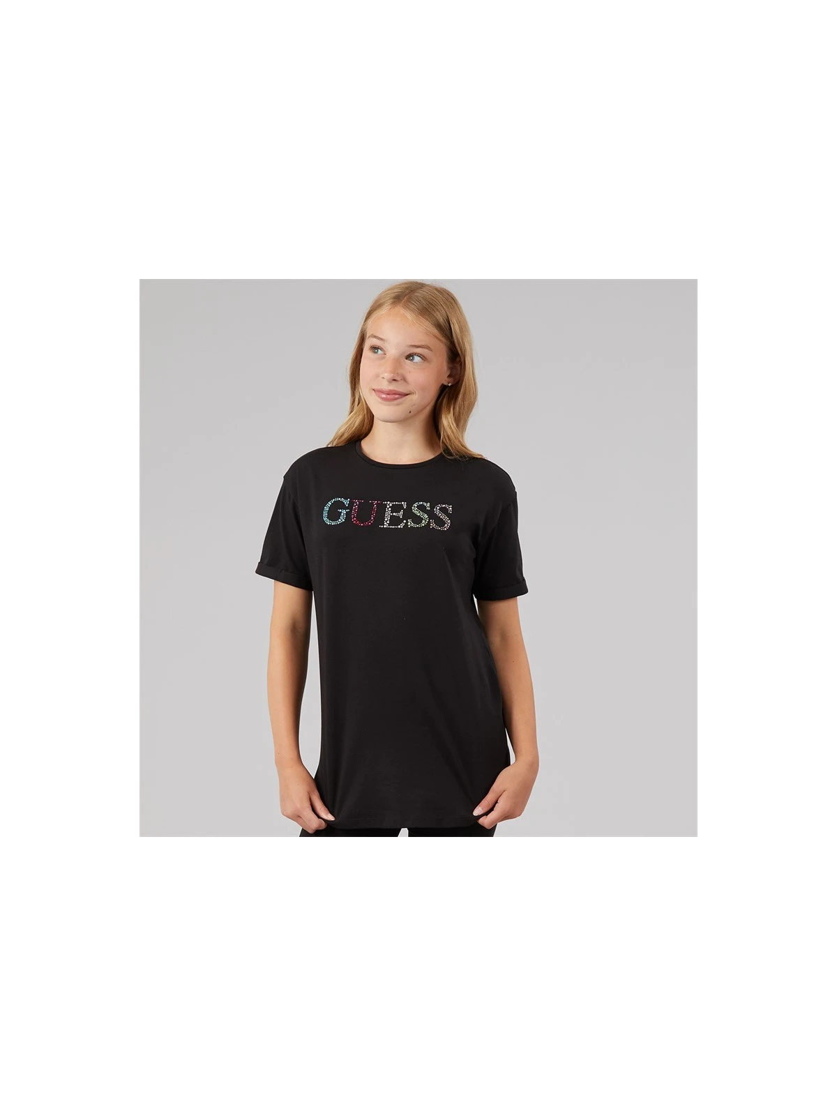 DZIEWCZĘCY  T-SHIRT GUESS  Z TĘCZOWYM LOGO Z KRYSTAŁKÓW - CZARNY J6GI33J1314-JLK