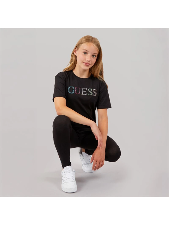 DZIEWCZĘCY  T-SHIRT GUESS  Z TĘCZOWYM LOGO Z KRYSTAŁKÓW - CZARNY J6GI33J1314-JLK