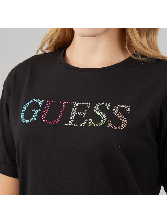 DZIEWCZĘCY  T-SHIRT GUESS  Z TĘCZOWYM LOGO Z KRYSTAŁKÓW - CZARNY J6GI33J1314-JLK
