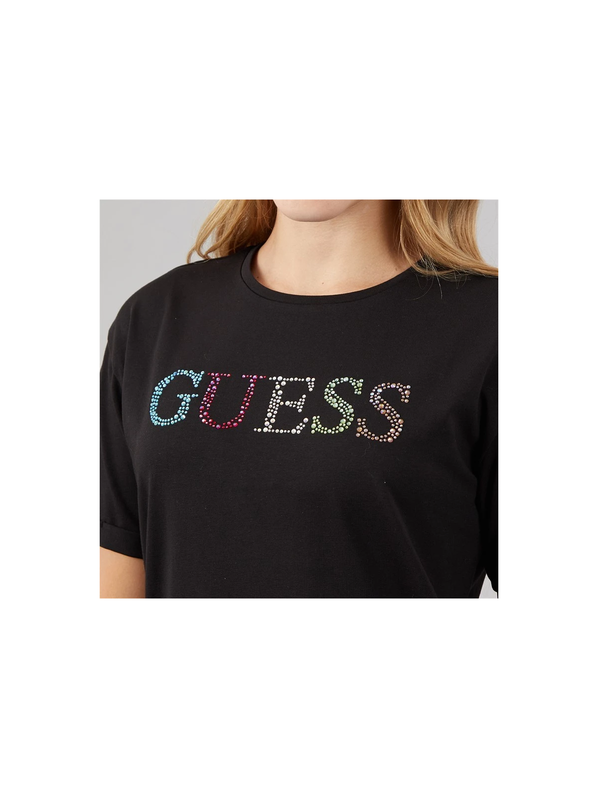 DZIEWCZĘCY  T-SHIRT GUESS  Z TĘCZOWYM LOGO Z KRYSTAŁKÓW - CZARNY J6GI33J1314-JLK