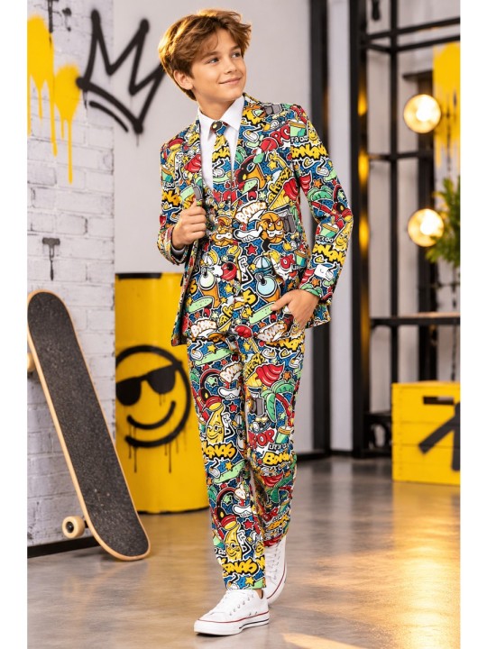 OPPOSUITS CHŁOPIĘCY GARNITUR MARYNARKA KRAWAT SPODNIE KOMIKSOWY WZÓR STREET VIBES