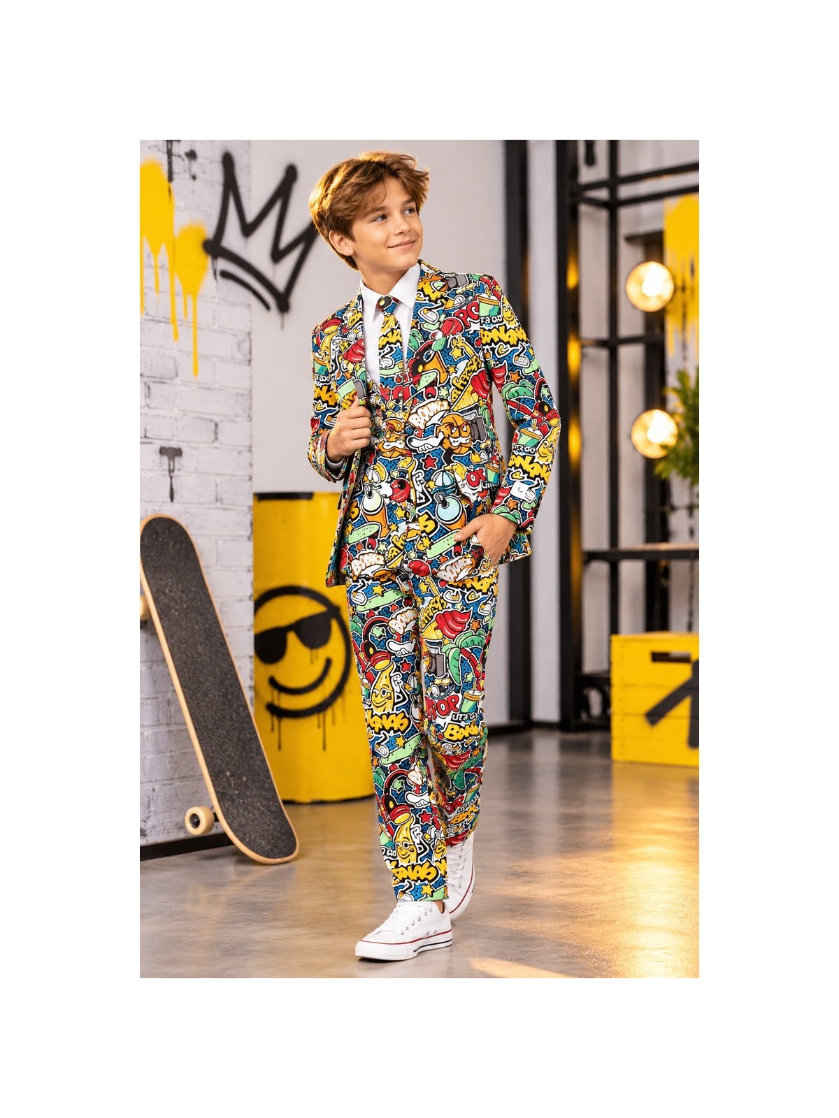 OPPOSUITS CHŁOPIĘCY GARNITUR MARYNARKA KRAWAT SPODNIE KOMIKSOWY WZÓR STREET VIBES