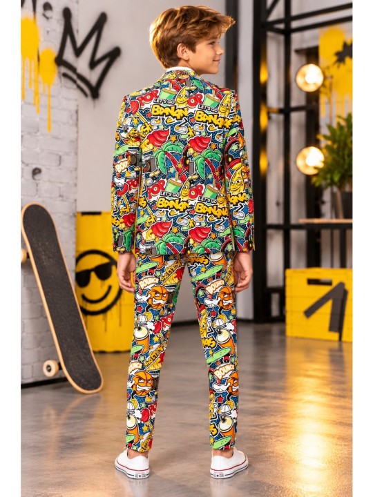 OPPOSUITS CHŁOPIĘCY GARNITUR MARYNARKA KRAWAT SPODNIE KOMIKSOWY WZÓR STREET VIBES