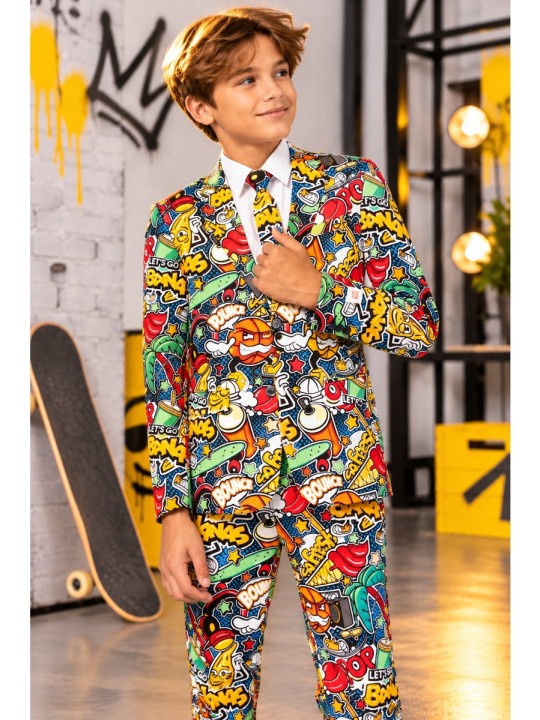 OPPOSUITS CHŁOPIĘCY GARNITUR MARYNARKA KRAWAT SPODNIE KOMIKSOWY WZÓR STREET VIBES
