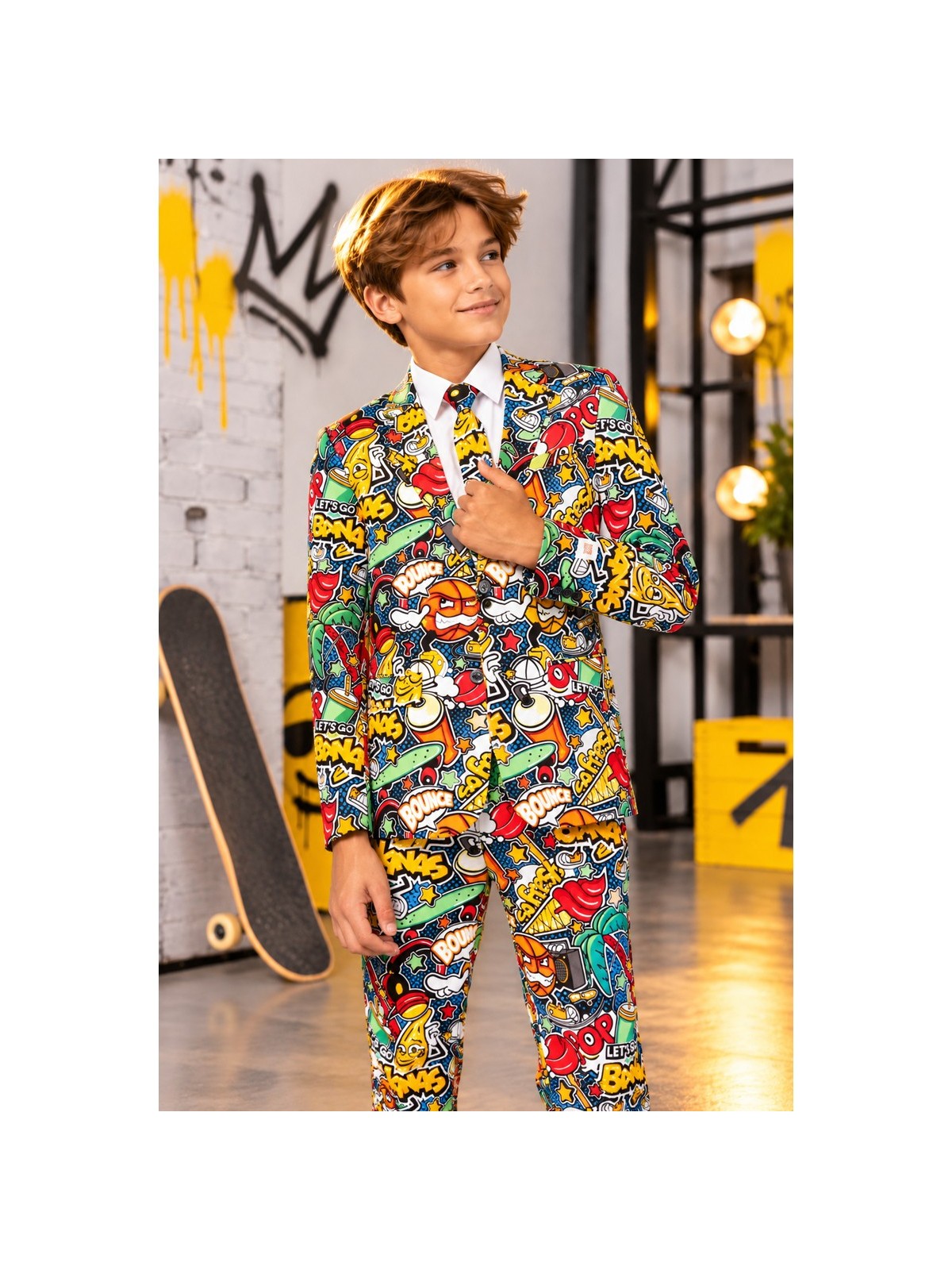 OPPOSUITS CHŁOPIĘCY GARNITUR MARYNARKA KRAWAT SPODNIE KOMIKSOWY WZÓR STREET VIBES