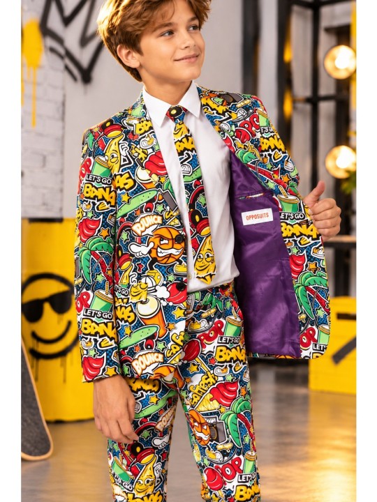 OPPOSUITS CHŁOPIĘCY GARNITUR MARYNARKA KRAWAT SPODNIE KOMIKSOWY WZÓR STREET VIBES