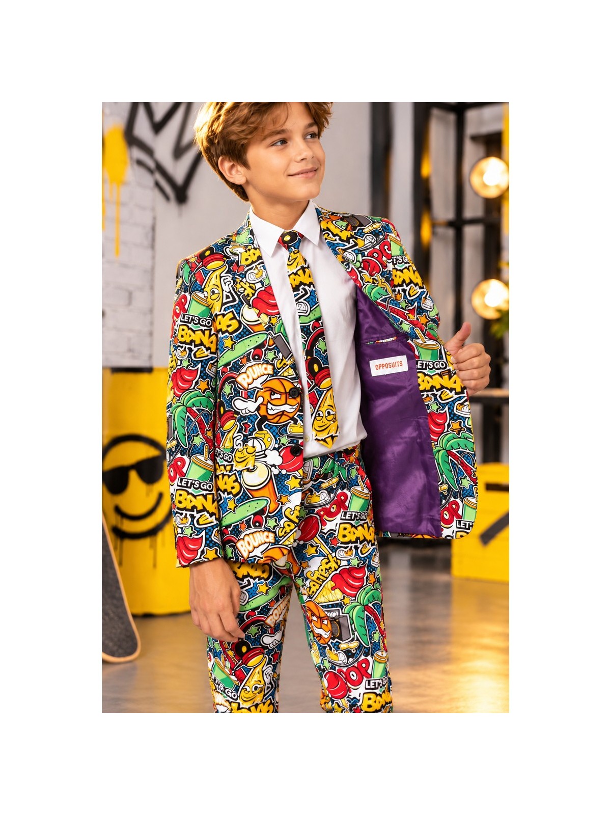 OPPOSUITS CHŁOPIĘCY GARNITUR MARYNARKA KRAWAT SPODNIE KOMIKSOWY WZÓR STREET VIBES
