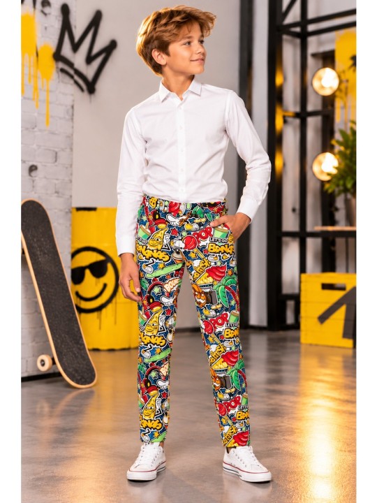 OPPOSUITS CHŁOPIĘCY GARNITUR MARYNARKA KRAWAT SPODNIE KOMIKSOWY WZÓR STREET VIBES