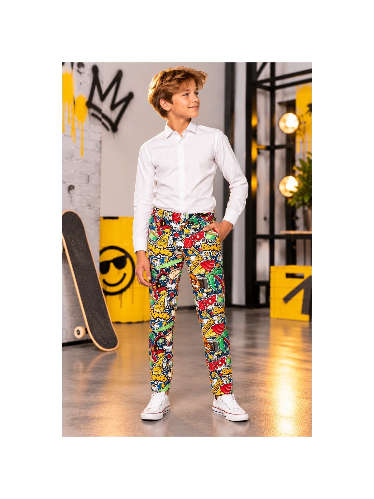 OPPOSUITS CHŁOPIĘCY GARNITUR MARYNARKA KRAWAT SPODNIE KOMIKSOWY WZÓR STREET VIBES