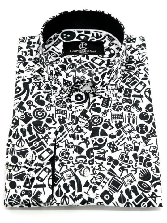 GIOVANNI PERA KOSZULA CZARNO BIAŁA MOTYWY SPORTOWE GP9