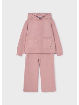 MAYORAL KOMPLET BLUZA SWETER Z KAPTUREM SPODNIE SZEROKIE DZIANINA PUDROWY RÓŻ 4580/90