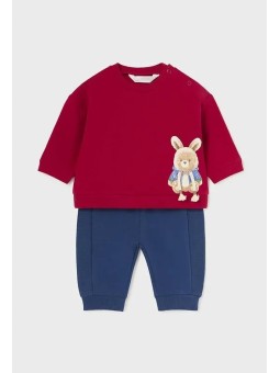 MAYORAL NEWBORN KOMPLET DLES DLA CHŁOPCA CZERWONA BLUZA Z MISIEM GRANTOWE SPODNIE 2635