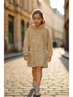 SUKIENKA BLUZA TUNIKA DLA DZIEWCZYNKI Z KAPTUREM W CEKINY BEŻ ZŁOTY  K-7769