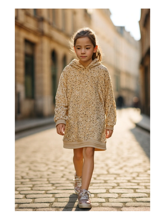SUKIENKA BLUZA TUNIKA DLA DZIEWCZYNKI Z KAPTUREM W CEKINY BEŻ ZŁOTY  K-7769