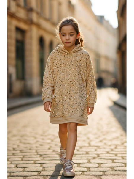 SUKIENKA BLUZA TUNIKA DLA DZIEWCZYNKI Z KAPTUREM W CEKINY BEŻ ZŁOTY  K-7769