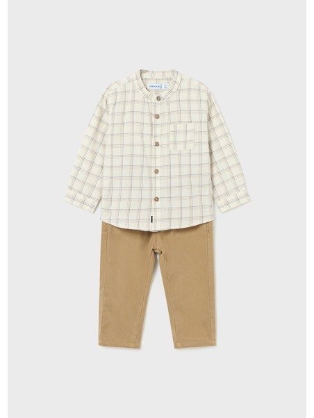 MAYORAL NEWBORN  KOMPLET DLA CHŁOPCA KOSZULA W KARTKĘ  BEŻ SPODNIE BRĄZ 2545/76