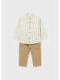 MAYORAL NEWBORN  KOMPLET DLA CHŁOPCA KOSZULA W KARTKĘ  BEŻ SPODNIE BRĄZ 2545/76