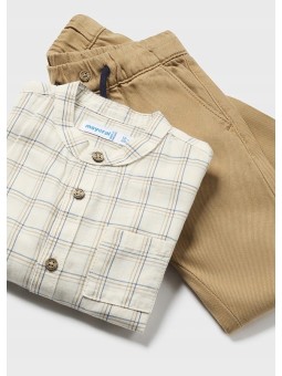 MAYORAL NEWBORN  KOMPLET DLA CHŁOPCA KOSZULA W KARTKĘ  BEŻ SPODNIE BRĄZ 2545/76