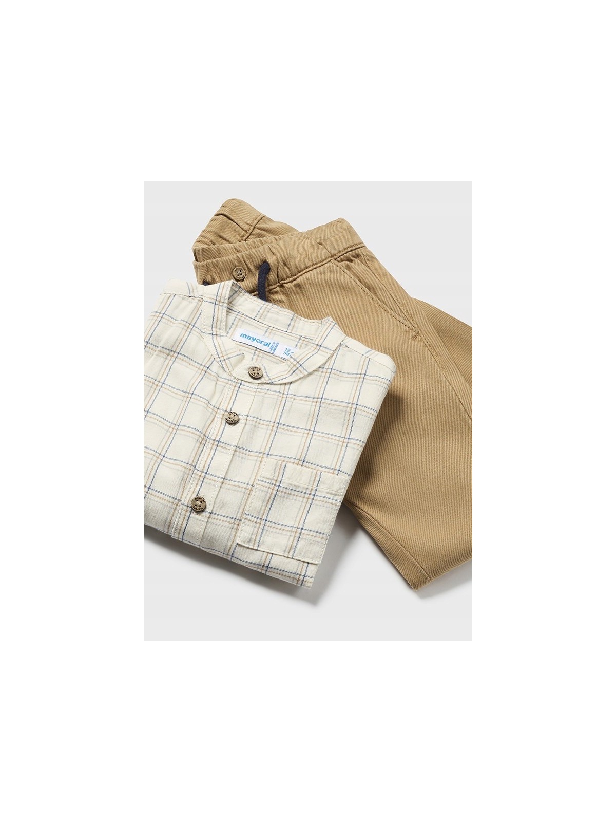 MAYORAL NEWBORN  KOMPLET DLA CHŁOPCA KOSZULA W KARTKĘ  BEŻ SPODNIE BRĄZ 2545/76