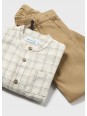 MAYORAL NEWBORN  KOMPLET DLA CHŁOPCA KOSZULA W KARTKĘ  BEŻ SPODNIE BRĄZ 2545/76