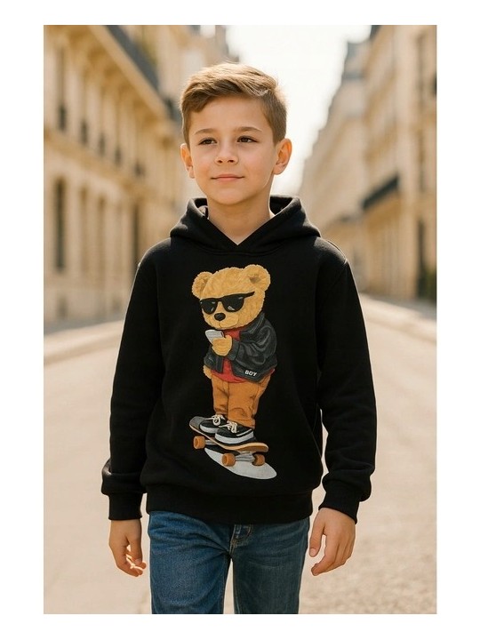 BLUZA KAPTUREM DLA  CHŁOPCA CZARNA Z MISIEM P-244