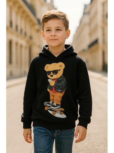 BLUZA KAPTUREM DLA  CHŁOPCA CZARNA Z MISIEM P-244