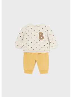 MAYORAL NEWBORN KOMPLET DRES BLUZA BEŻOWA W MISIE SPODNIE GŁADKIE ŻÓŁTE 2623/29