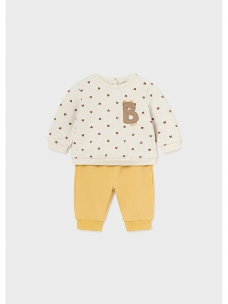 MAYORAL NEWBORN KOMPLET DRES BLUZA BEŻOWA W MISIE SPODNIE GŁADKIE ŻÓŁTE 2623/29