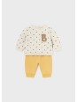 MAYORAL NEWBORN KOMPLET DRES BLUZA BEŻOWA W MISIE SPODNIE GŁADKIE ŻÓŁTE 2623/29