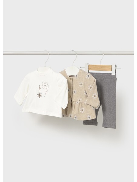 MAYORAL NEWBORN KOMPLET BOLERKO W KWIATKI KOSZULKA BIAŁA  SPODNIE SZARE 2733/29