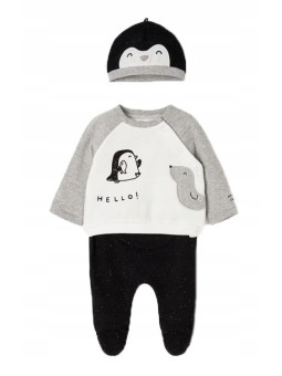 MAYORAL NEWBORN KOMPLET BLUZA  PÓŁŚPOSZKI  CZAPKA PINGWIN 2513