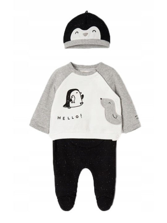 MAYORAL NEWBORN KOMPLET BLUZA  PÓŁŚPOSZKI  CZAPKA PINGWIN 2513