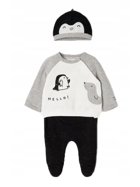 MAYORAL NEWBORN KOMPLET BLUZA  PÓŁŚPOSZKI  CZAPKA PINGWIN 2513