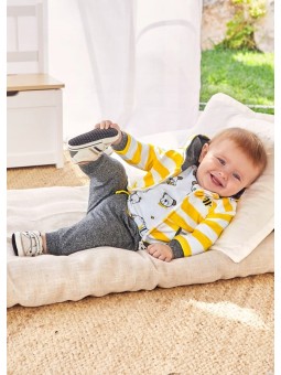 MAYORAL NEWBORN KOMPLET DRES DLA CHŁOPCA BLUZA Z KAPTUREM ROZPINANA KOSZULKA W PIESKI SPODNIE SZARE 1863/39