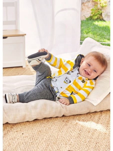 MAYORAL NEWBORN KOMPLET DRES DLA CHŁOPCA BLUZA Z KAPTUREM ROZPINANA KOSZULKA W PIESKI SPODNIE SZARE 1863/39