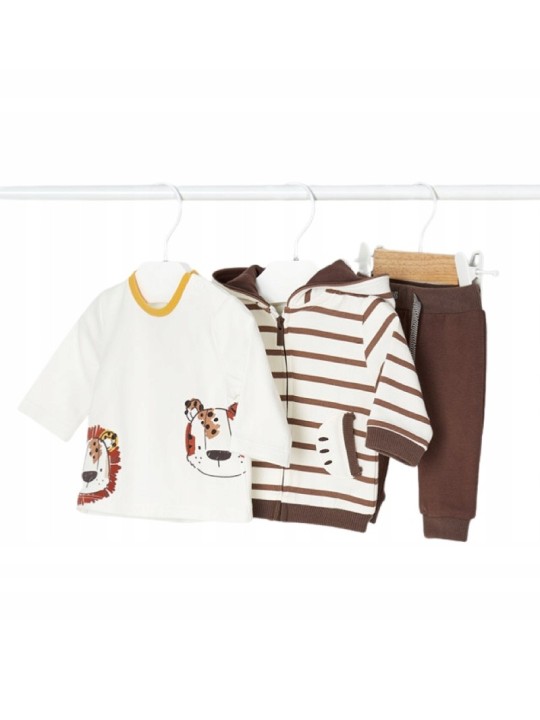 MAYORAL NEWBORN  KOMPLET DRES DLA CHŁOPCA BLUZA  Z KAPTUREM W PASKI BRĄZOWE SPODNIE KOSZULKA KREMOWA 2651